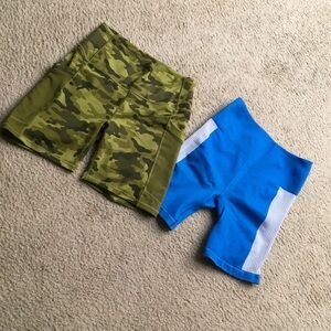 FABLETICS/2 BUNDLE- CAMO & COBALT BLUEw GRAY STRIPE BIKE SHORTS